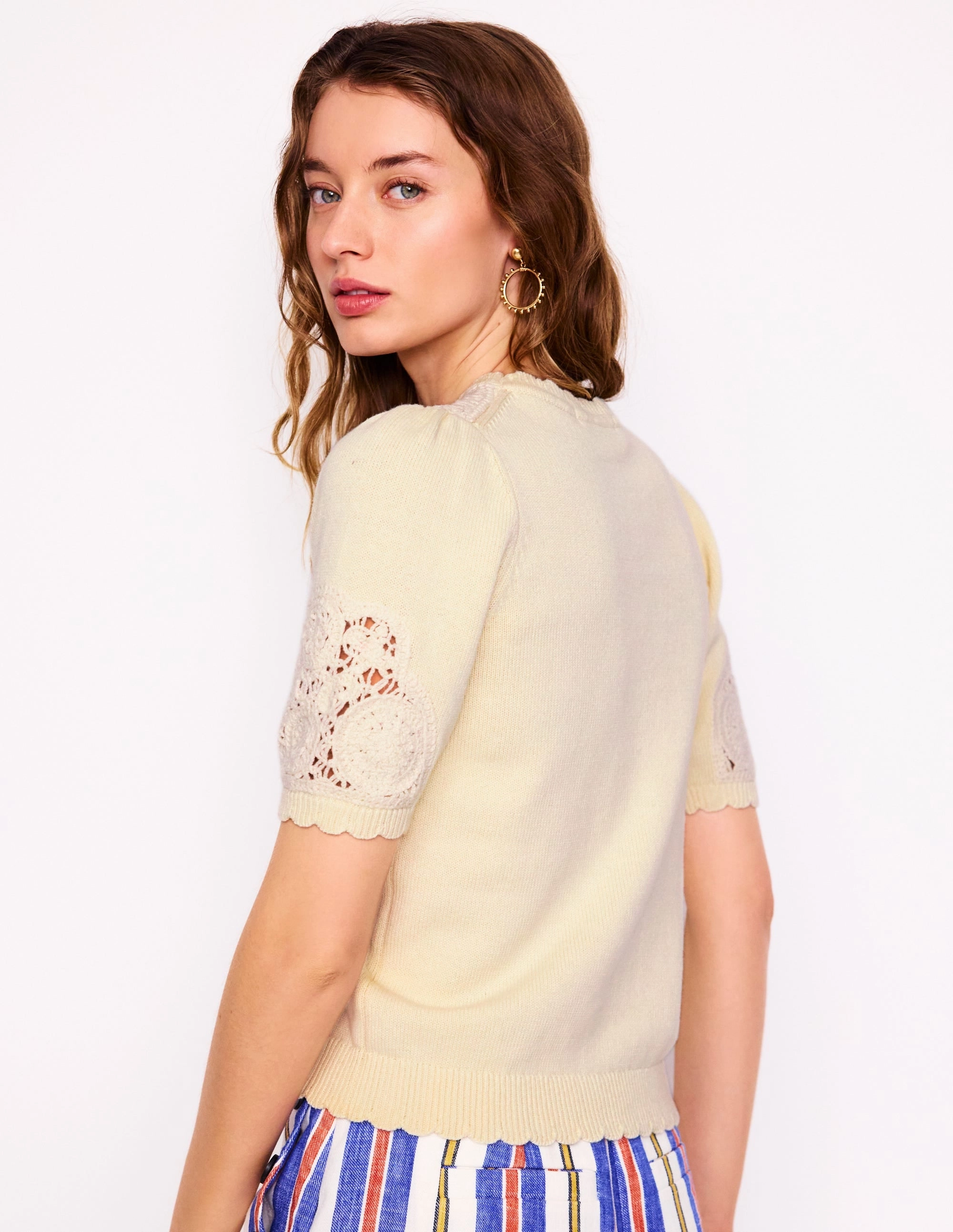 Embroidered Yoke Knitted Tee-Warm Ivory HighDensity Knit Lightwear Look