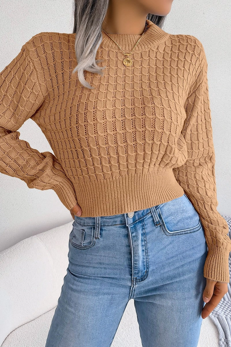 Stylish Outfit ComfortStretch TWIST CHUNKY CABLE KNIT RIBBED CROP SWEATSHIRT