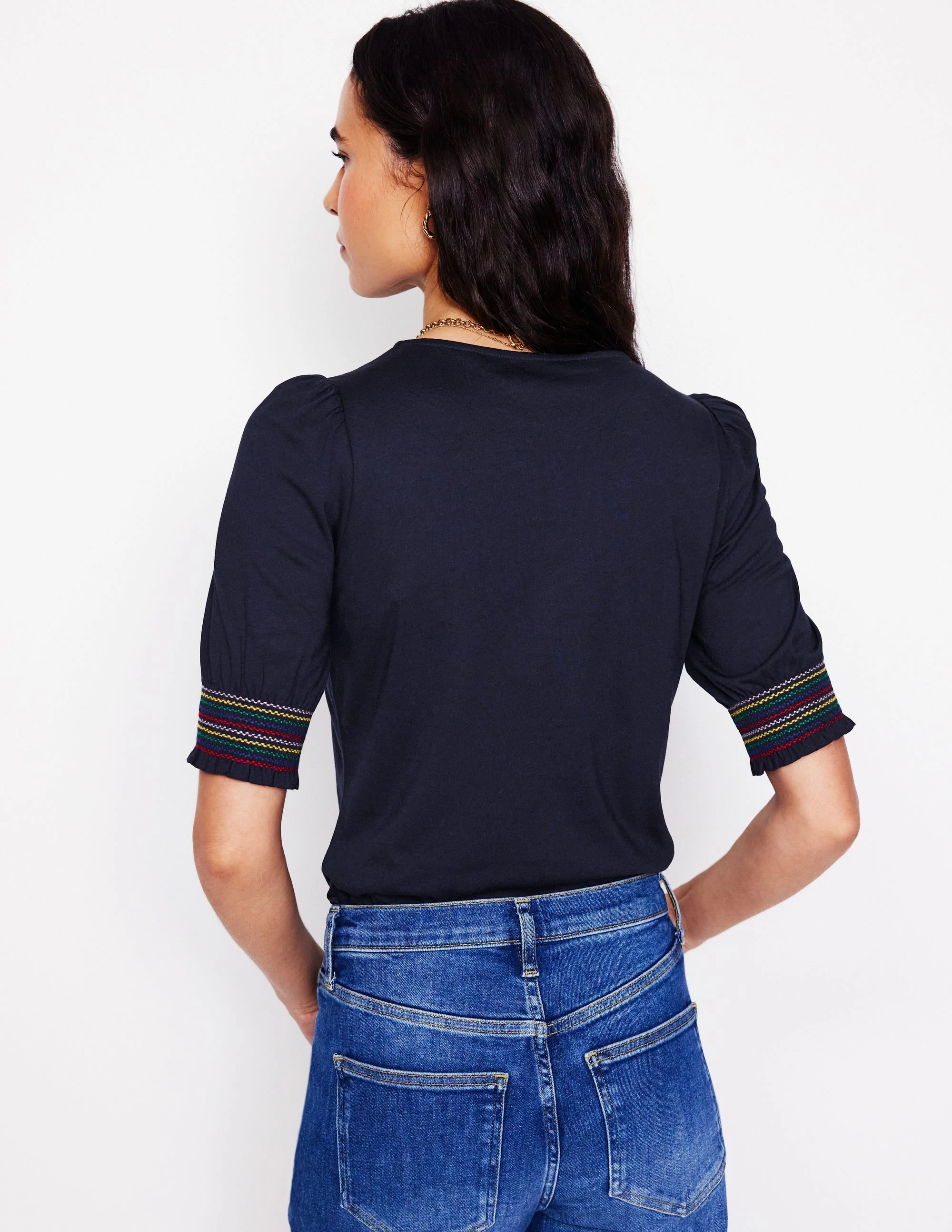 Cotton Smocked Cuff Top-Navy Resilient Elasticity