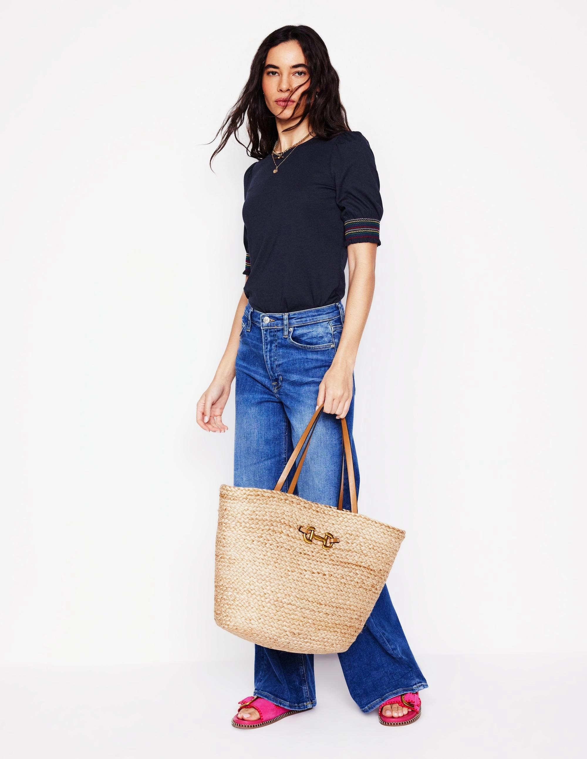 AdjustableHemCuffs Cotton Smocked Cuff Top-Navy