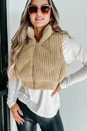 Anti Static Treatment Way Up North Ribbed Puffer Vest (Tan)