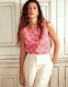 Multipanel Construction Linen Shell Top-Jam Red, Blossomy