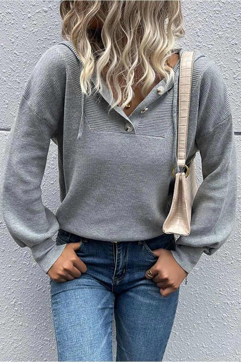 BUTTON NECK HOODIE CASUAL TOP Durable Chainstitch Loose cut