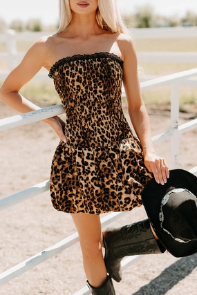 Wild Thing Strapless Smocked Bubble Dress (Leopard) Summer Ease Guest Shine