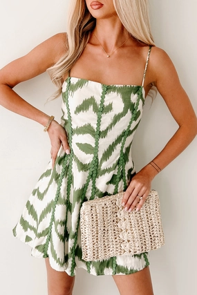 Wind In My Sails Abstract Sleeveless Mini Dress (Olive) Airy Base Versatile sundress