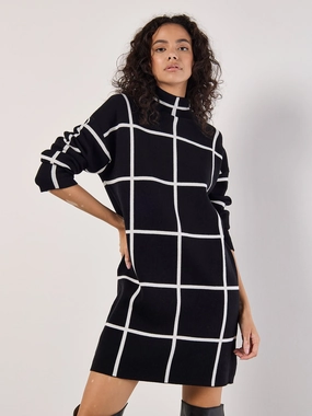 Windowpane Sweater Dress in Black Multi Pocket Functional Design Everyday Comfort