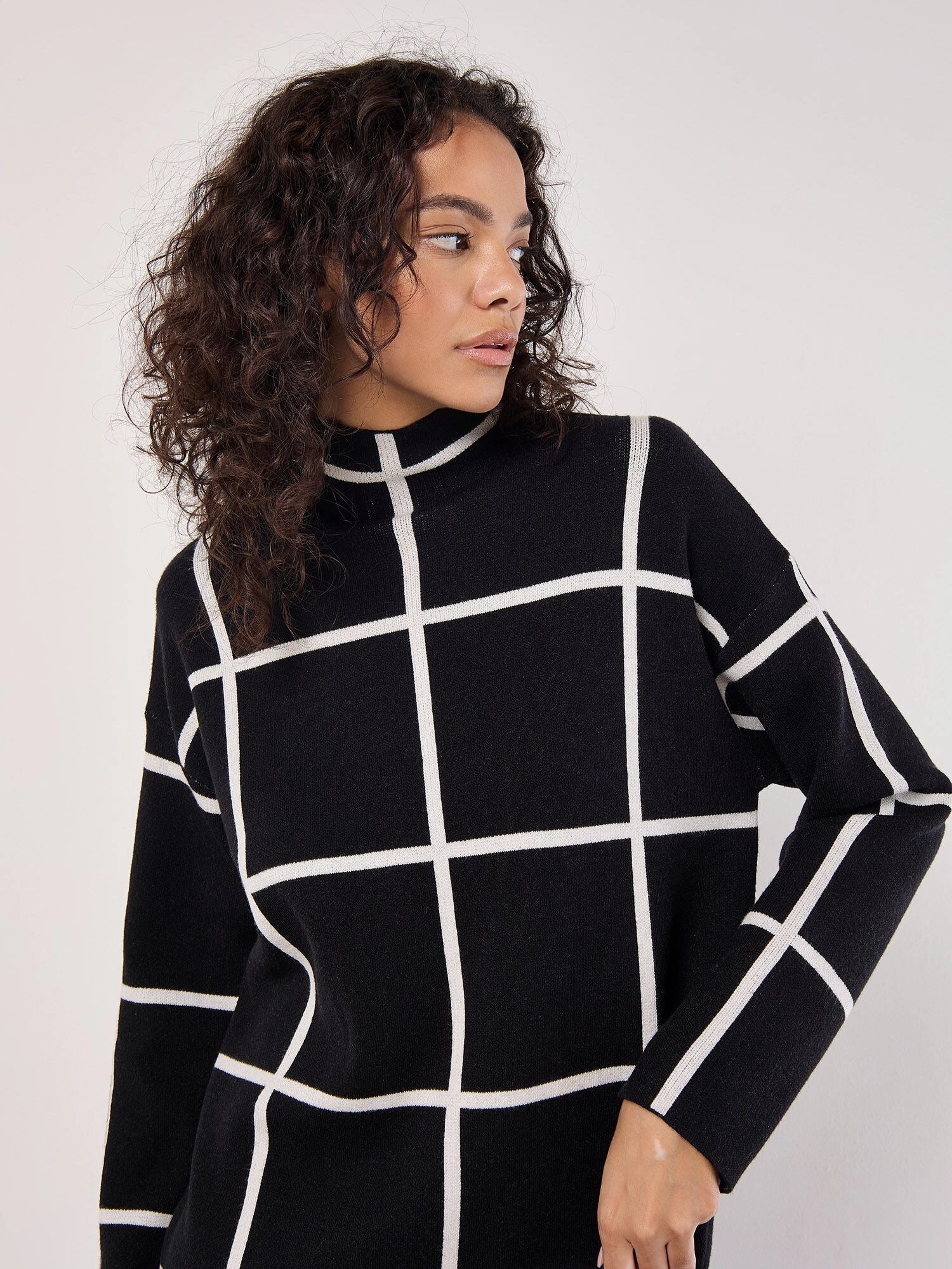 Windowpane Sweater Dress in Black OdorResistant Technology