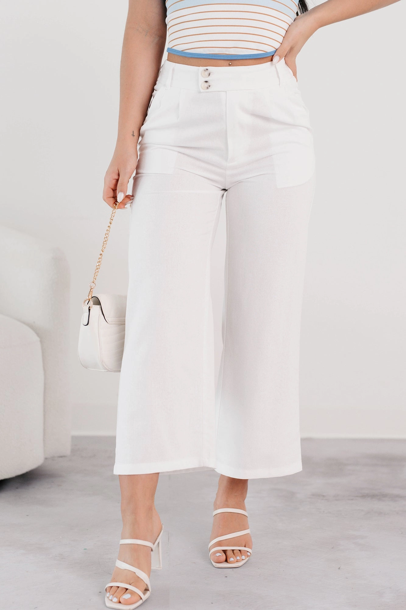Versatile Fashion Trendy Wear Put-together Poise Linen Cropped Pants (White)