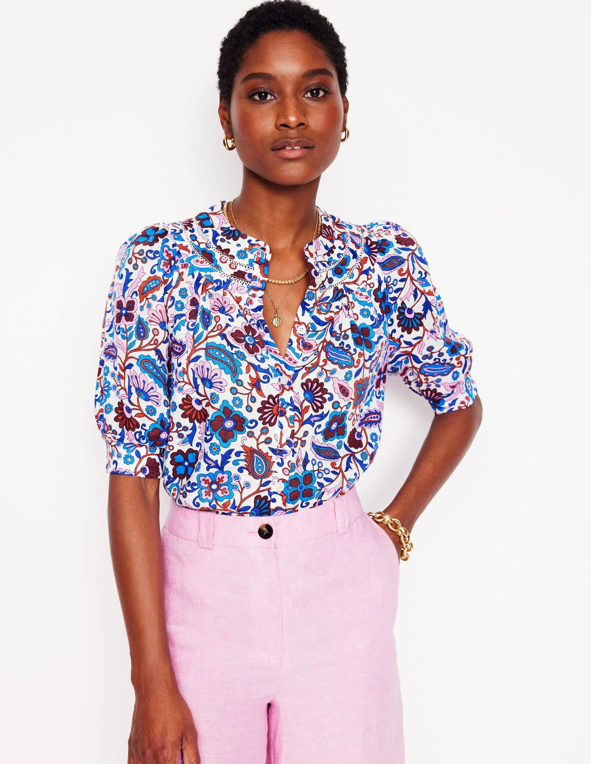 Bea Linen Top-Multi, Oriental Paradise Thermal Regulating Fabric Office Wear