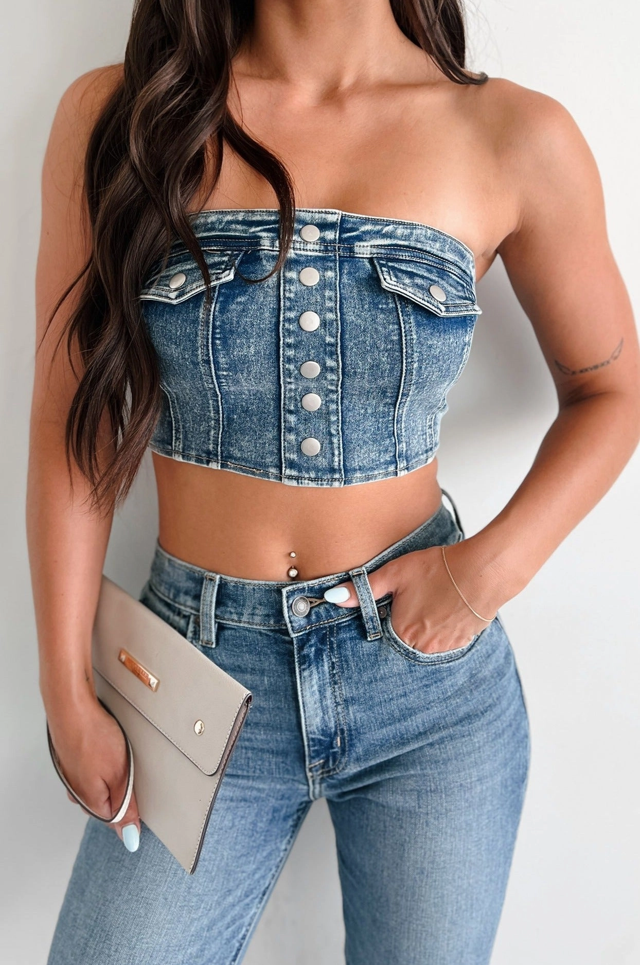 Quick Access Slit I'd Stare Too Strapless Denim Top (Medium Denim)