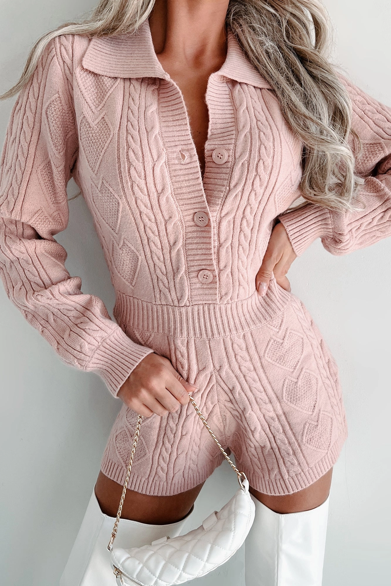 Wintry Dreams Cable Knit Romper (Light Pink) AbrasionResistant Edging