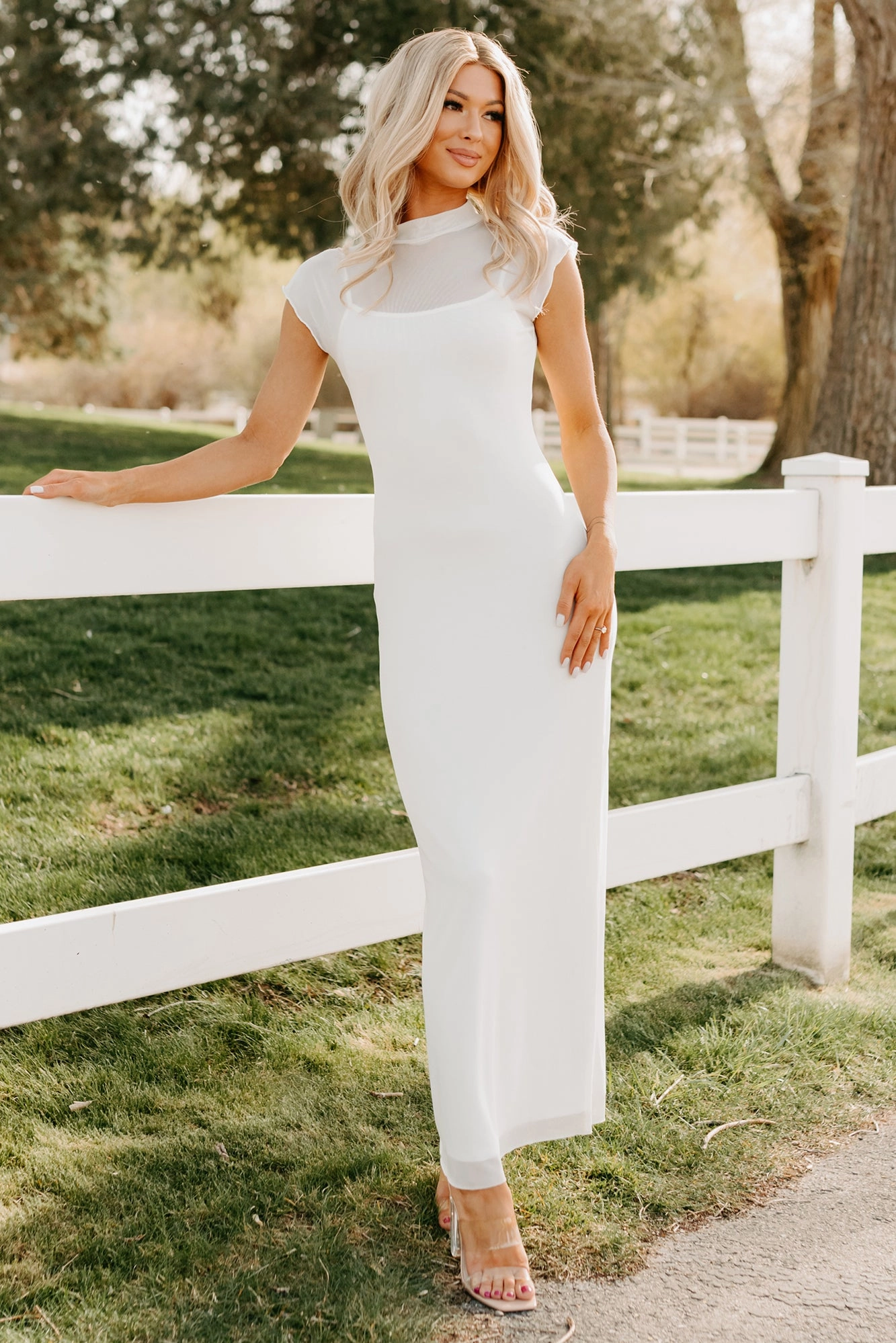 Hidden Zipper Polished Design Wish You Were Here Mesh Mock Neck Maxi Dress (Ivory)