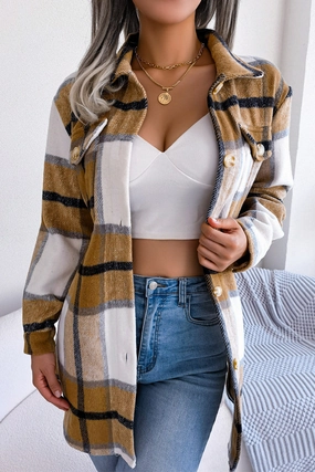 WOMEN BELTED PLAID PATTERN BUTTON DOWN JACKET Neutral Tone Palette AthleisureInspired