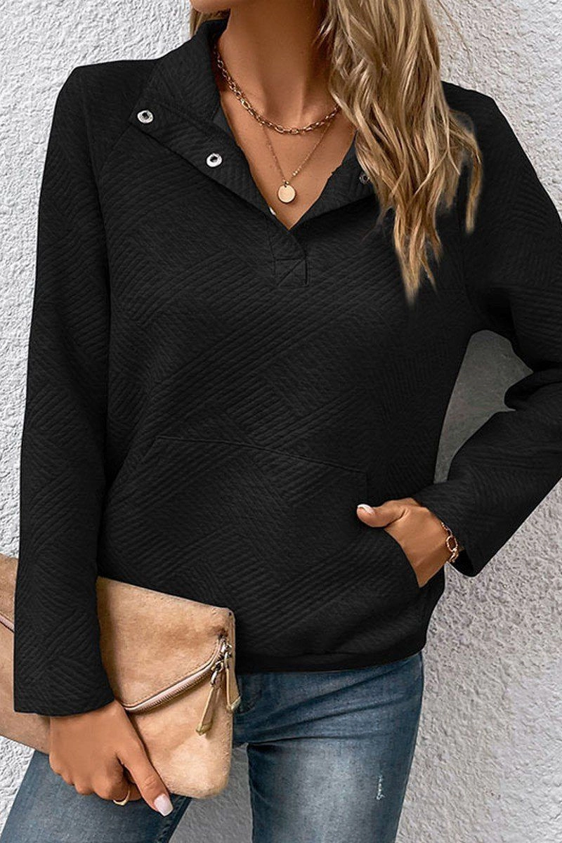 WOMEN BUTTON NECK KANGAROO POCKET PULLOVER StretchKnit