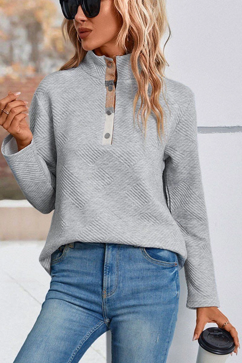 SlipResistant WOMEN BUTTONED HIGH NECK PLAID BLOCK PULLOVER TOP