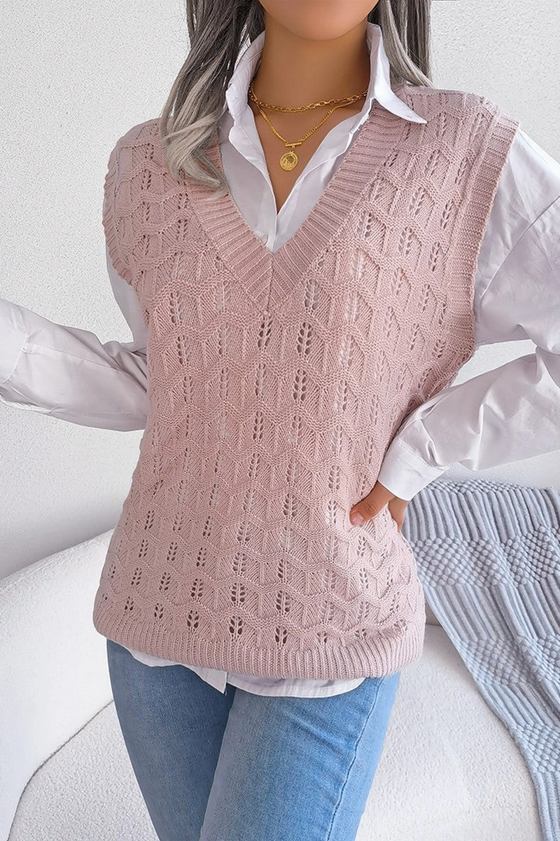 WOMEN CABLE KNITTED RIBBED V NECK SWEAT VEST ContrastTipping Neutral Tone Palette