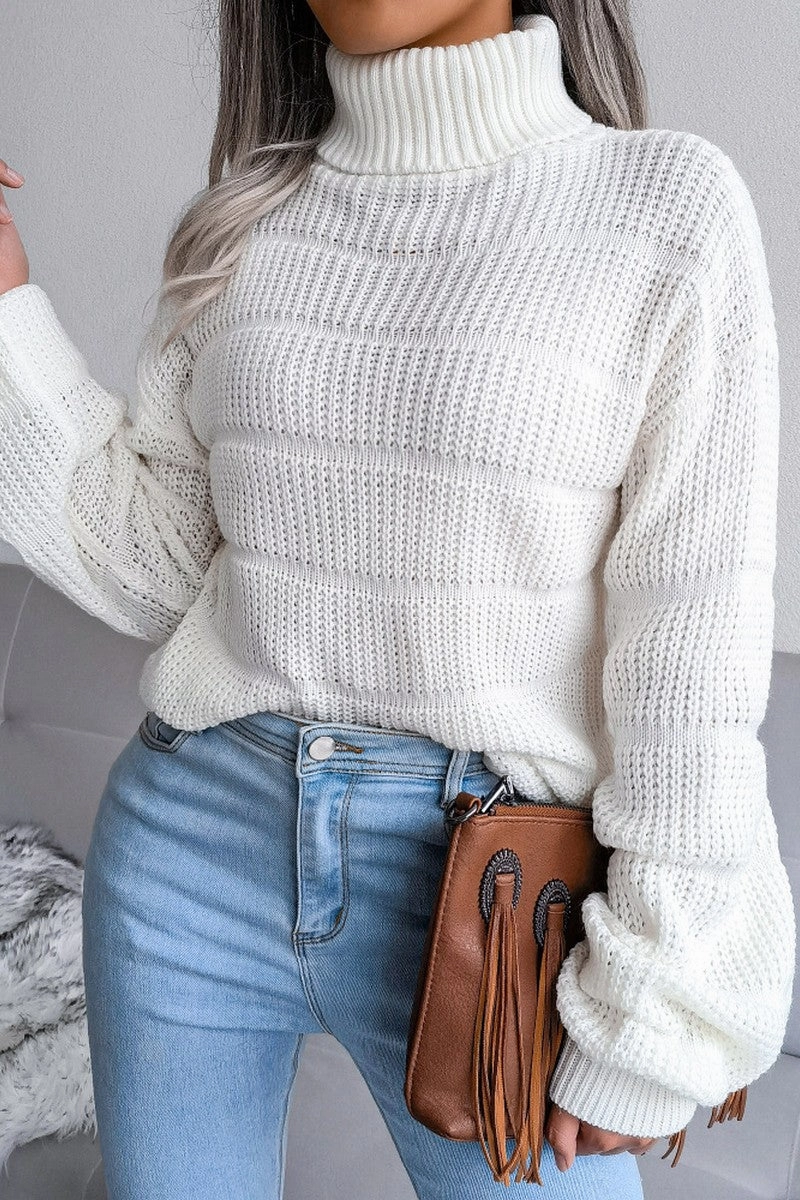 WOMEN CABLE KNITTED TURTLE NECK LOOSE FIT SWEATER PolishedFinish