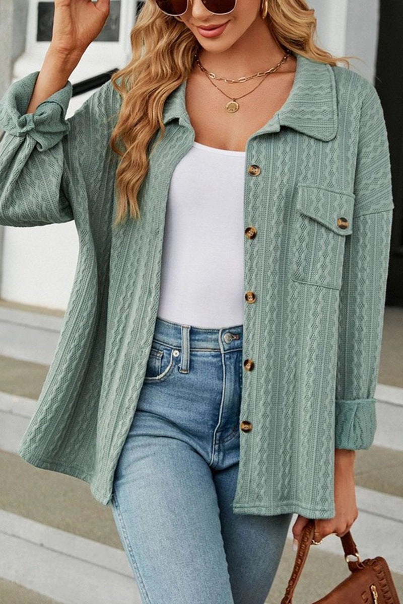 Architectural Tailoring QuickRelease Closures WOMEN CABLE PATTERN STITCHED BUTTON DOWN SHACKET