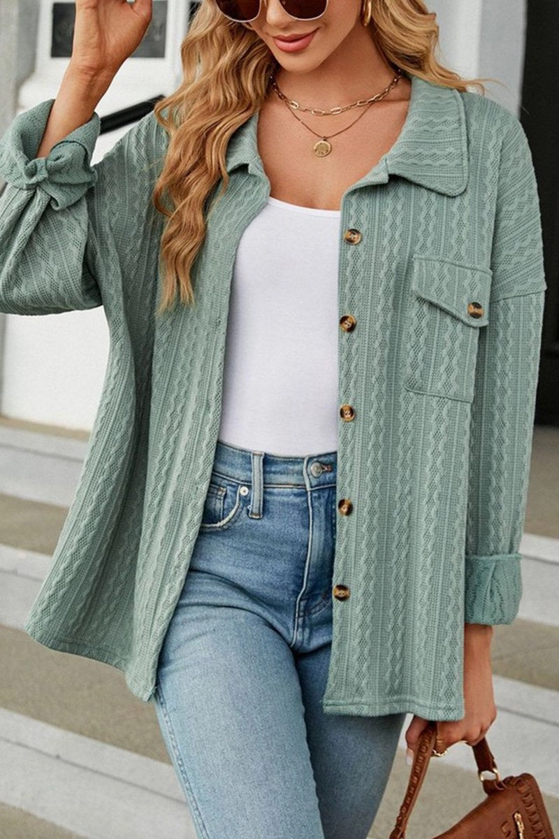 WOMEN CABLE PATTERN STITCHED BUTTON DOWN SHACKET Contoured Armhole Design