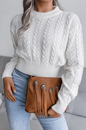 WOMEN CHUNKY CABLE KNIT RIBBED CROP SWEATER Metallic Fiber Blend OdorResistantTechnology