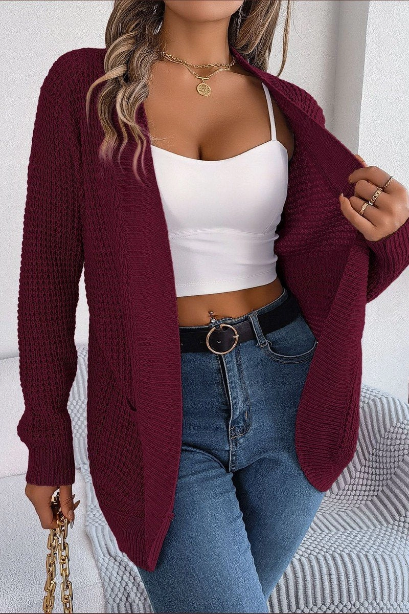 SmoothZipper Layered Ply Construction WOMEN CHUNKY WAFFLE KNIT OPEN FRONT CARDIGAN