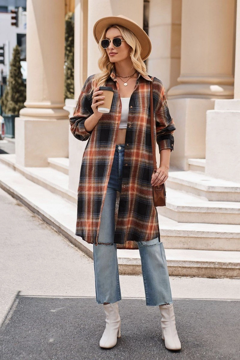 Layered Panel Design WOMEN CLASSIC PLAID PATTERN LONG LENGTH SHACKET