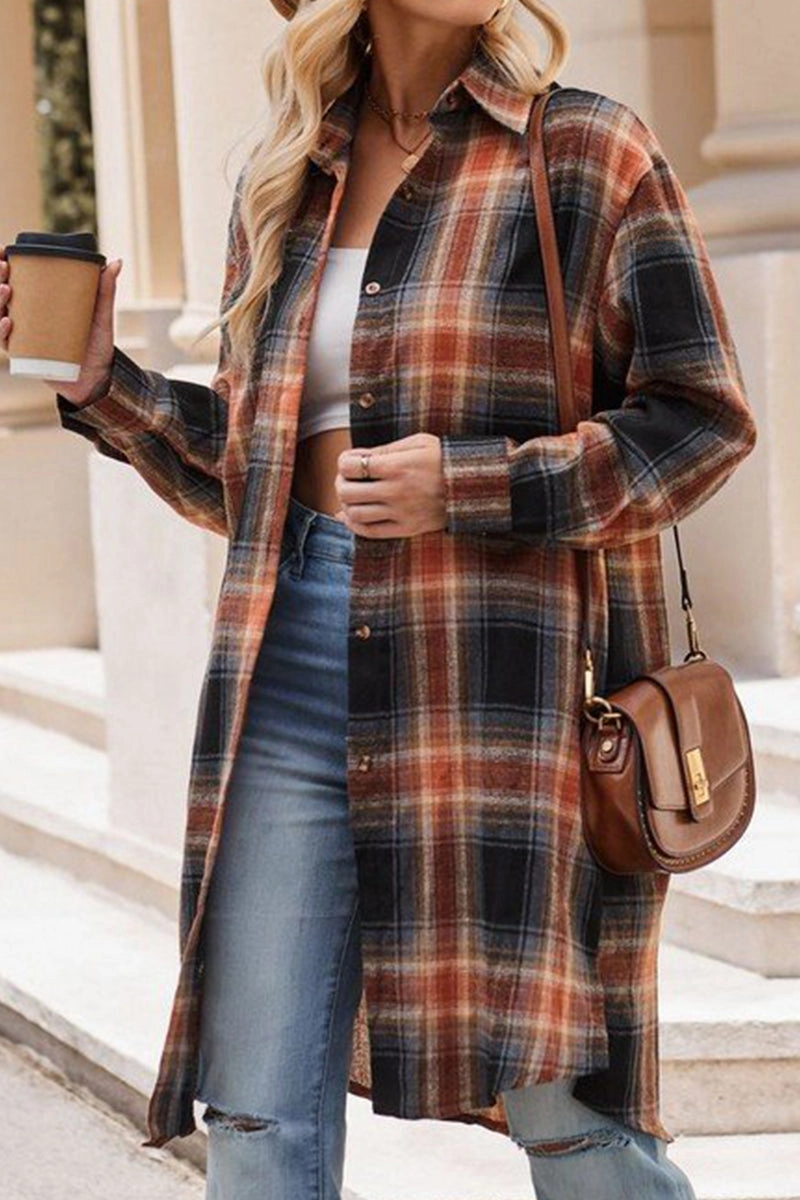 WOMEN CLASSIC PLAID PATTERN LONG LENGTH SHACKET Temperature Control Fabric