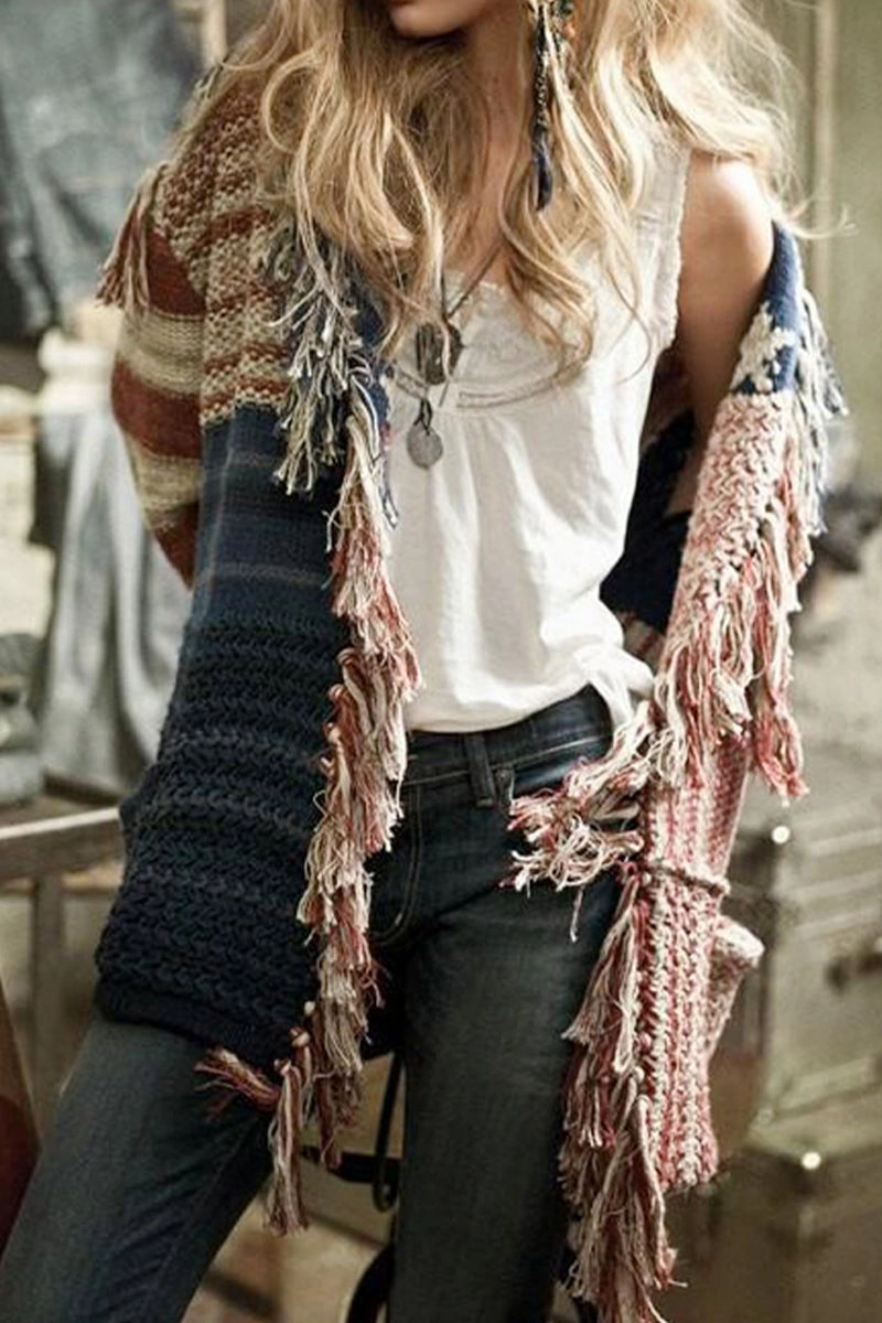 WOMEN CONTRASTING STAR STRIPE FRINGE KNIT CARDIGAN100% POLYESTERSIZE S(2)-M(2)-L(2)-XL(2)MADE IN CHINA Cozy Fit Sporty Tee