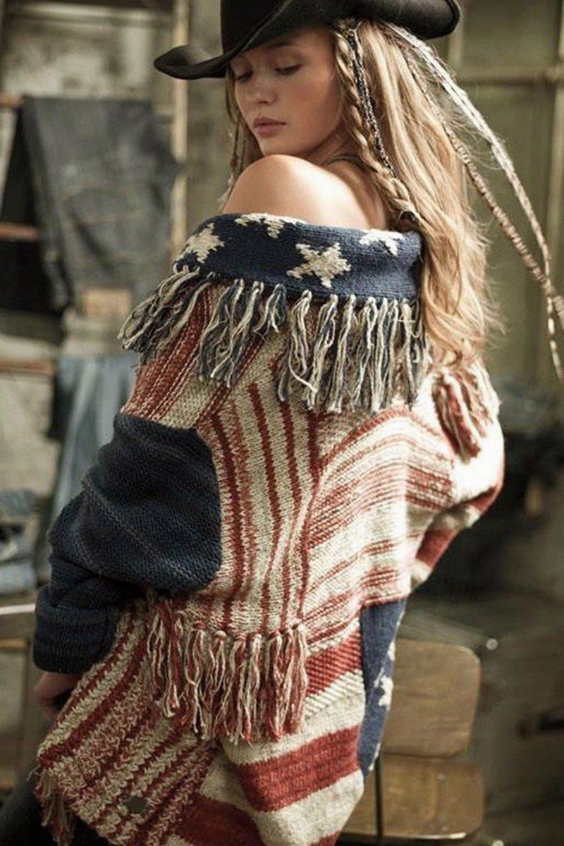 OEKOTEX Certified Fabric ErgonomicSleeves WOMEN CONTRASTING STAR STRIPE FRINGE KNIT CARDIGAN100% POLYESTERSIZE S(2)-M(2)-L(2)-XL(2)MADE IN CHINA