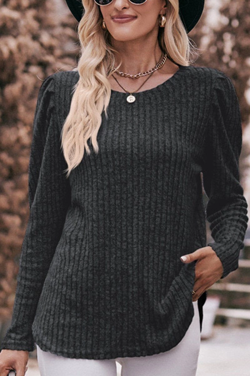 WOMEN CORDUROY ROUND NECK KNIT SWEATER Low Profile Waistband Integration Soft Pullover