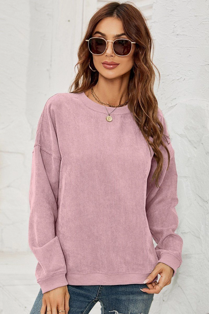 WOMEN CORDUROY ROUND NECK PULLOVER SWEATER Hidden Ventilation Zones
