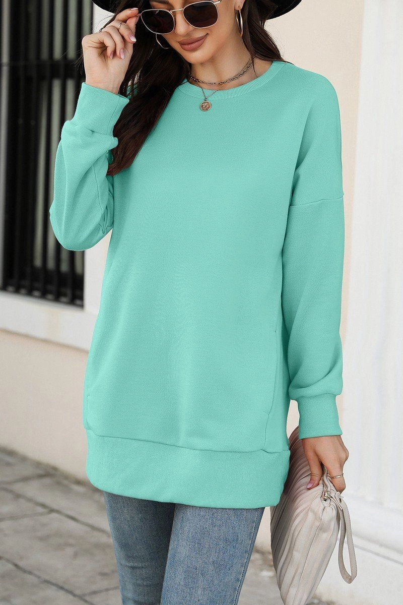 WOMEN CREW NECK LONG LENGTH PULLOVER TOP DurableBlend Double Stitched Hems