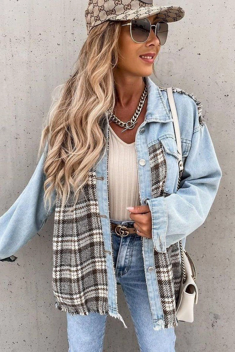Durable Reinforced Elbow Patches WOMEN DENIM PATCHWORK PLAID JACKET100% POLYESTERSIZE S(2)-M(2)-L(2)-XL(2)MADE IN CHINA