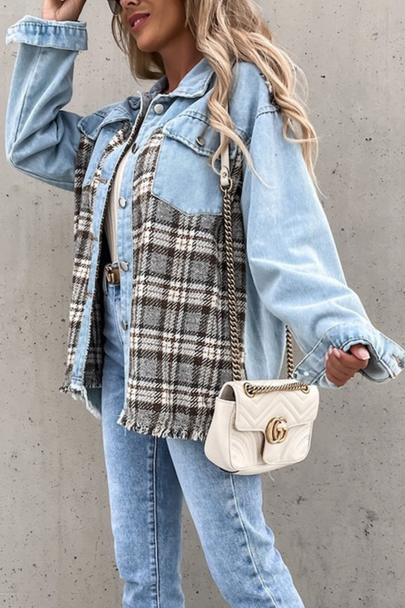 Bamboo Derived Material Cozy Layer WOMEN DENIM PATCHWORK PLAID JACKET100% POLYESTERSIZE S(2)-M(2)-L(2)-XL(2)MADE IN CHINA