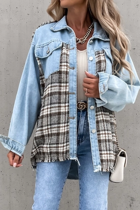 WOMEN DENIM PATCHWORK PLAID JACKET100% POLYESTERSIZE S(2)-M(2)-L(2)-XL(2)MADE IN CHINA Rolled Hem Detailing