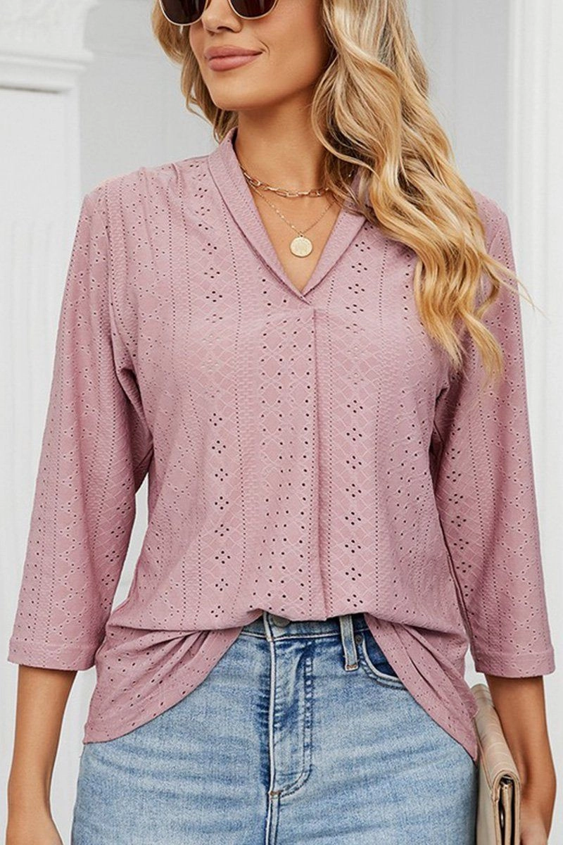 MultiLayer Stitching WOMEN EYELET COLLARED 3/4 SLEEVED BLOUSE TOP