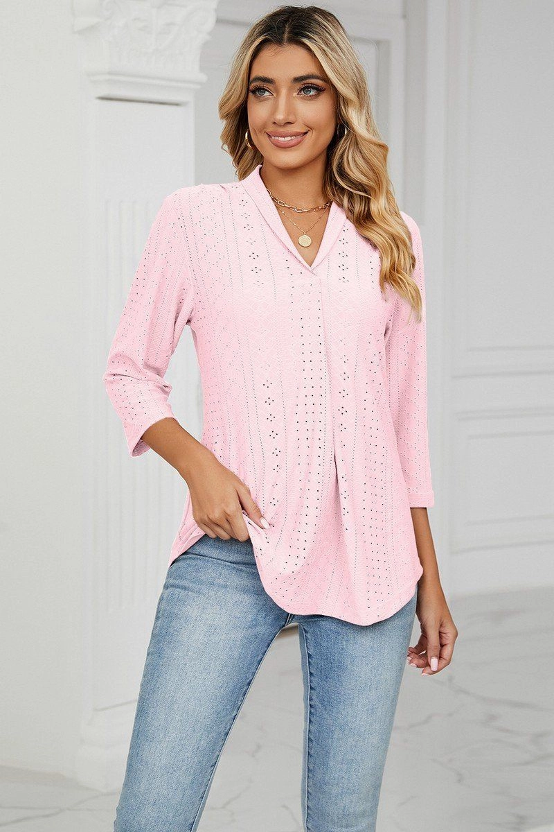 WOMEN EYELET COLLARED 3/4 SLEEVED BLOUSE TOP Ultrasoft Inner Lining Erasable Surface Coating