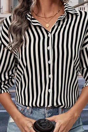 WOMEN FITTED CUFF BUTTON UP STRIPE SHIRTS Anti Bacterial Layer Formal Blouse