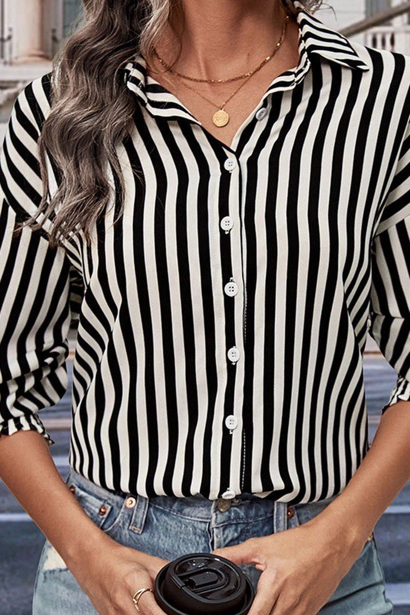 WOMEN FITTED CUFF BUTTON UP STRIPE SHIRTS Anti Bacterial Layer Formal Blouse