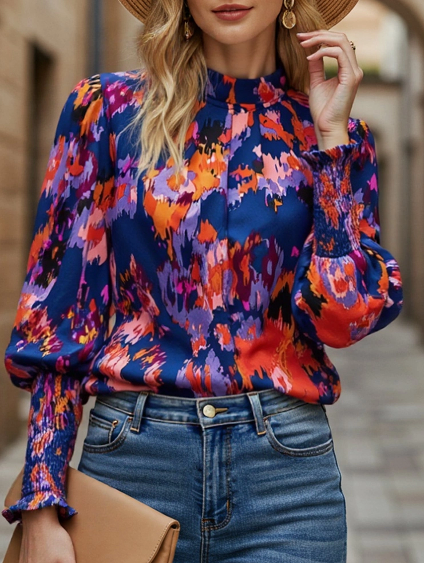 WOMEN FITTED SMOCK CUFF MARBLE PRINTING BLOUSE Eco Friendly Dye Process