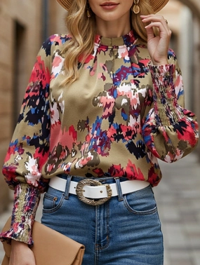 Fitted Design WOMEN FITTED SMOCK CUFF MARBLE PRINTING BLOUSE