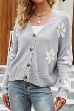 DoubleLayered AntiStatic Weave WOMEN FLOWER PRINTING BUTTON UP KNIT CARDIGAN