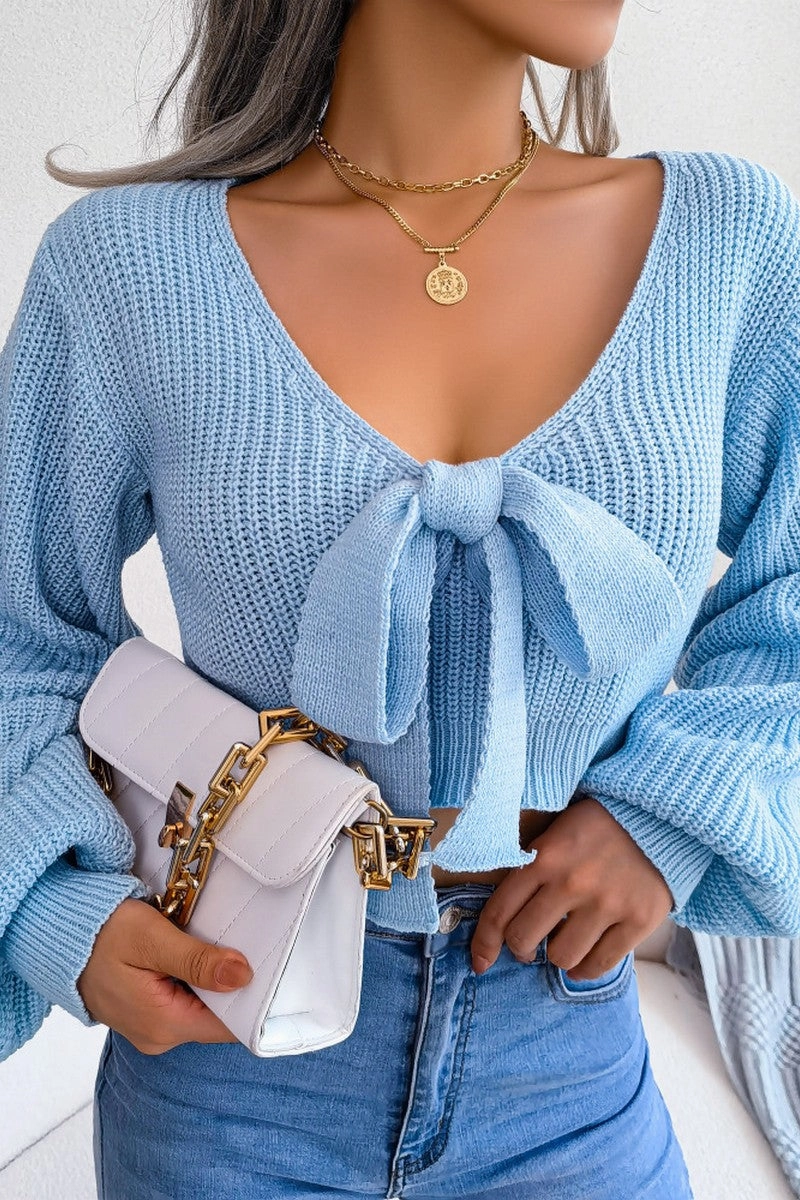 WOMEN FRONT BOW TIED SEXY CROP KNIT SWEATSHIRTS Low Impact Manufacturing Multi Pocket Functional Design