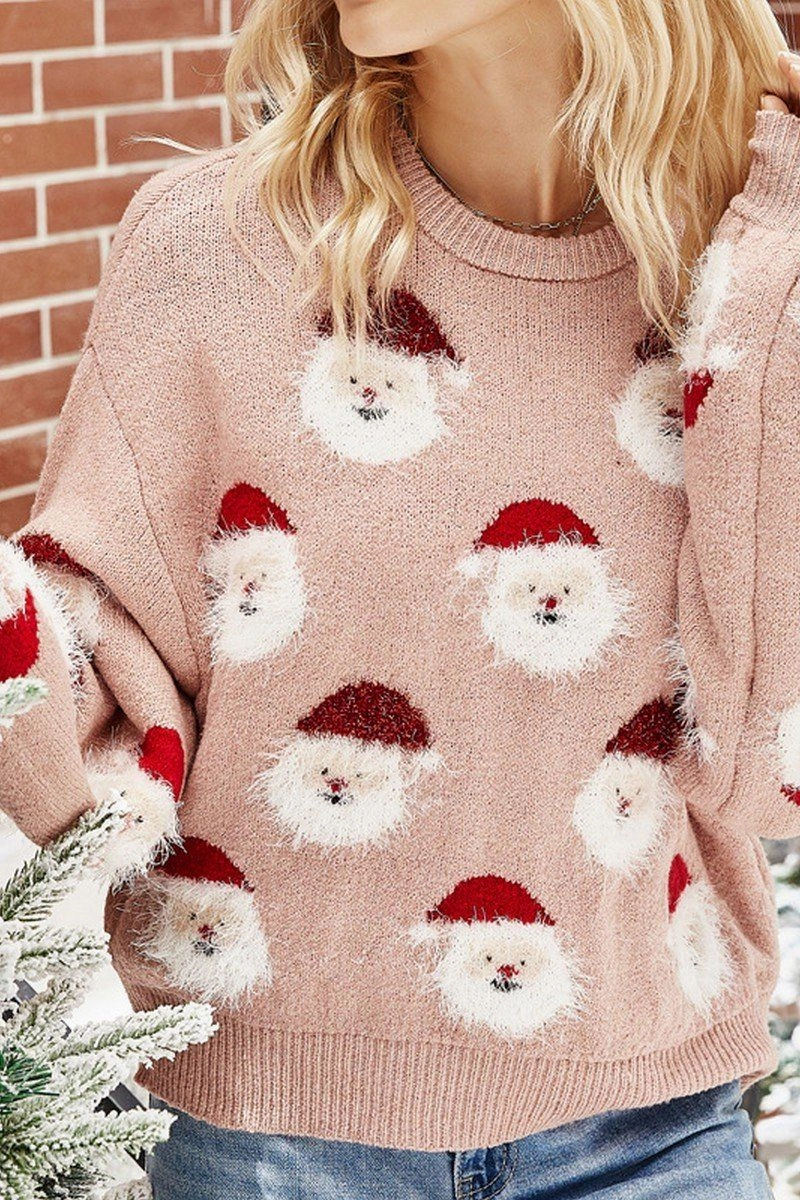 FourWay Stretch Lightweight Knit WOMEN FURRY CHRISTMAS SANTA PRINTING KNIT SWEATER