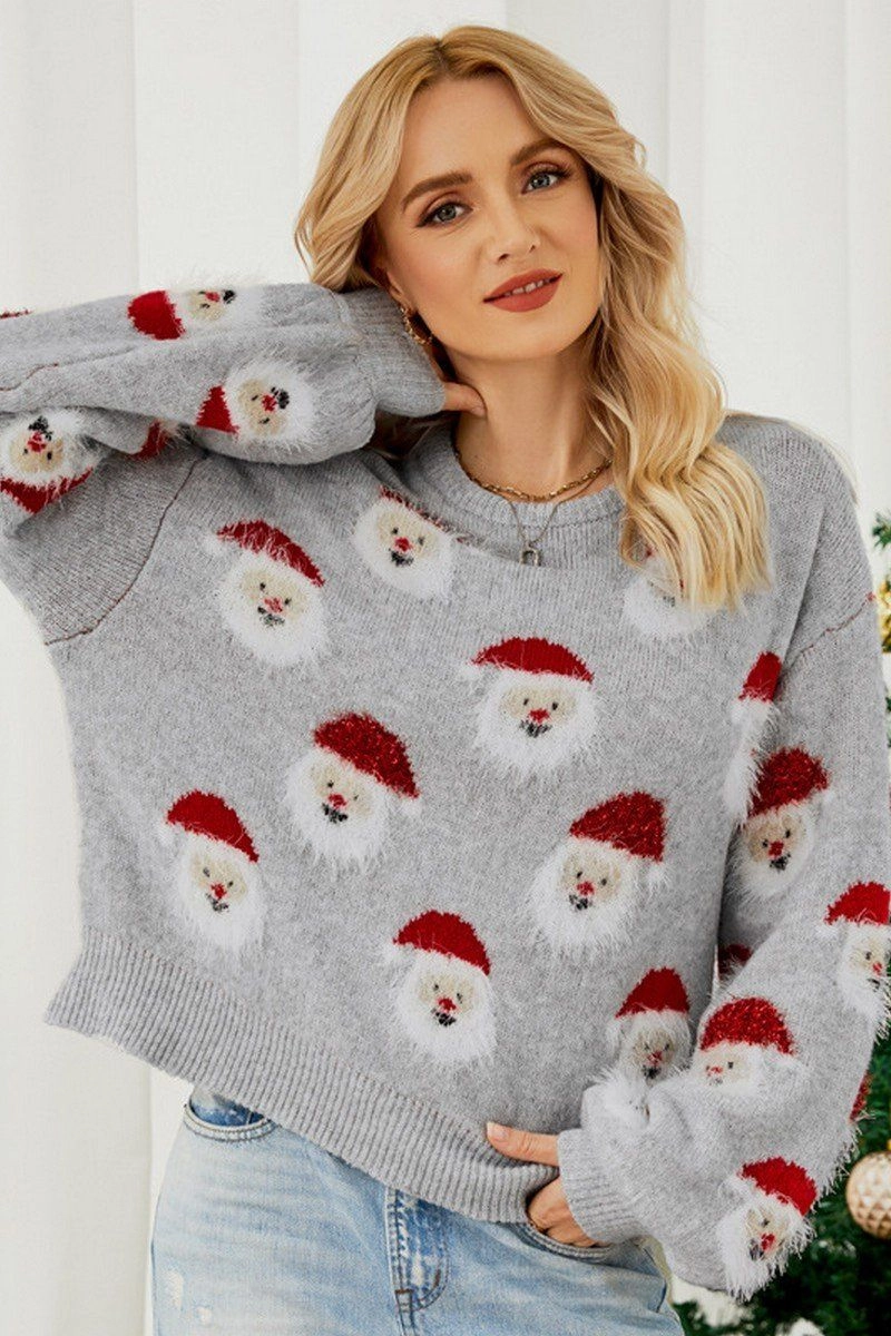 NonIrritatingStitching WOMEN FURRY CHRISTMAS SANTA PRINTING KNIT SWEATER