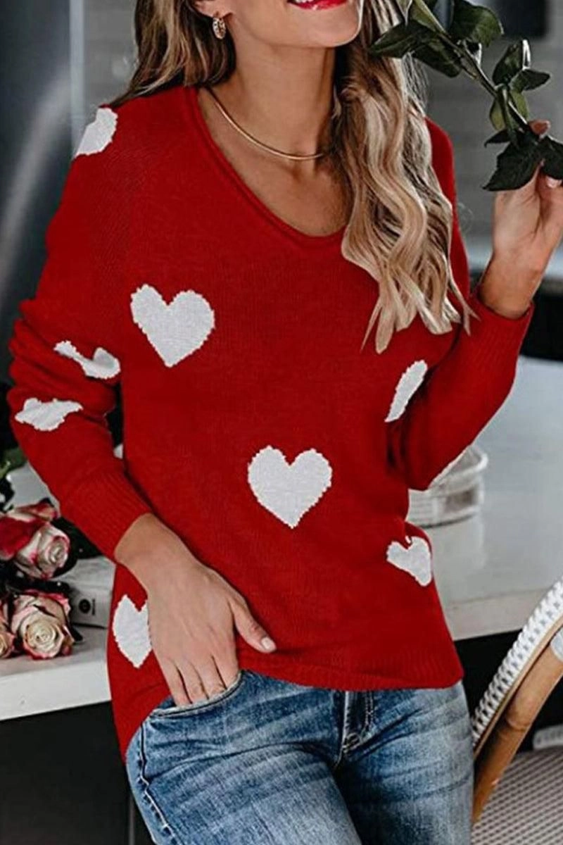 VNeckReinforcement WOMEN HEART PRINTING LOOSE FIT KNIT SWEATER