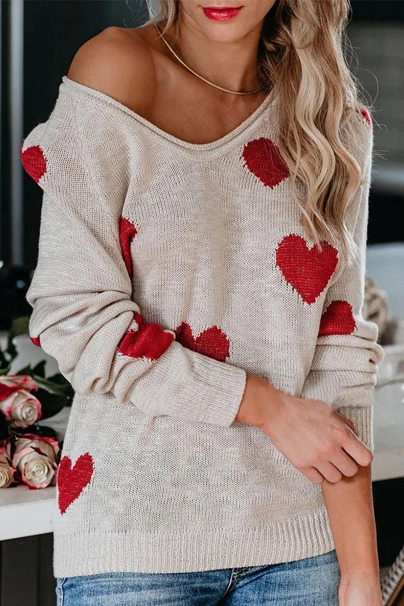 LightweightMaterial WOMEN HEART PRINTING LOOSE FIT KNIT SWEATER
