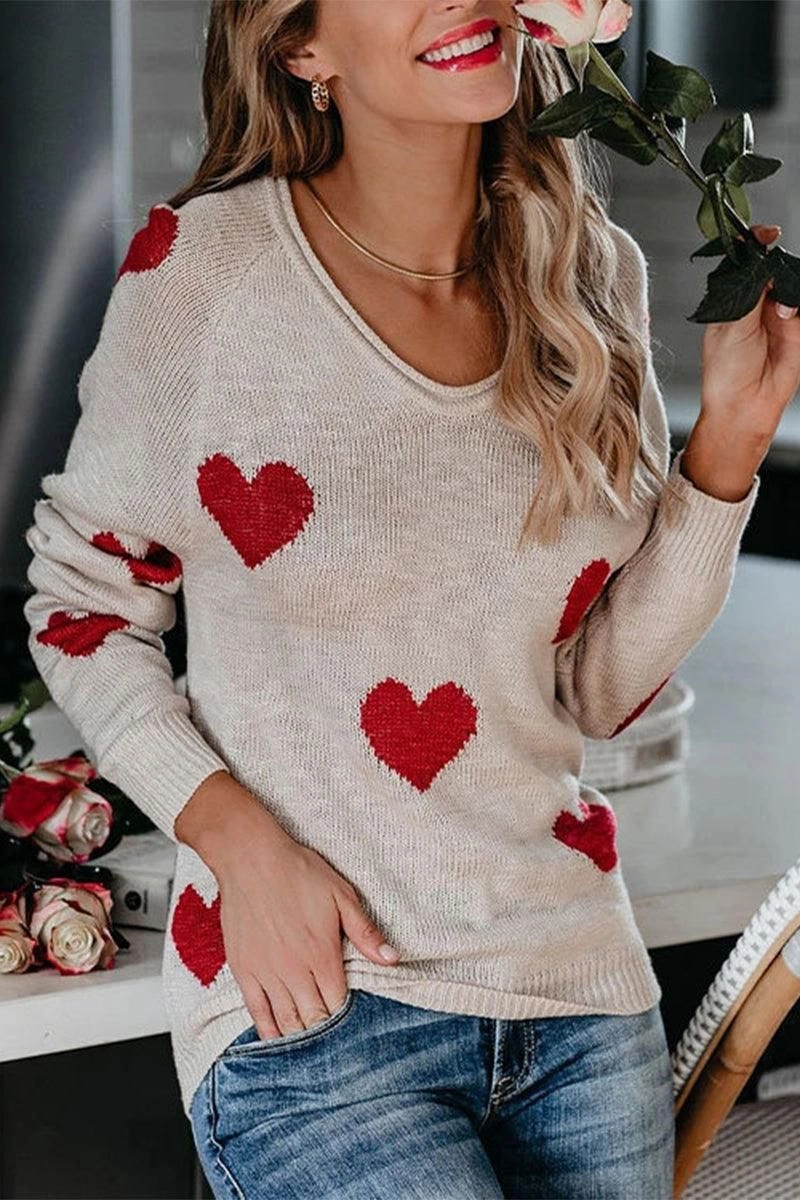 Distressed Texture Fitted Shirt WOMEN HEART PRINTING LOOSE FIT KNIT SWEATER