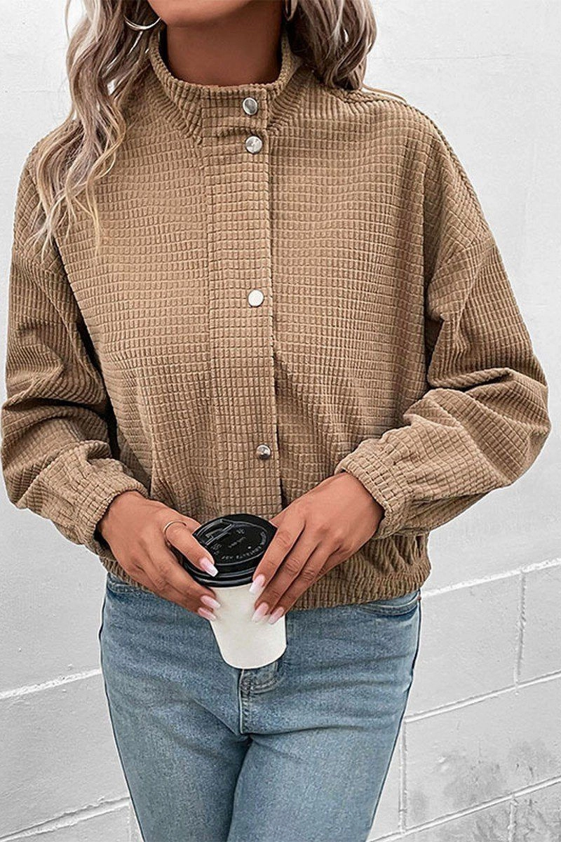 BreathableMeshPanel WOMEN HIGH NECK PLAID QUILTED BUTTON UP JACKET