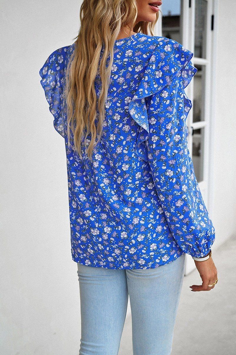 Convertible Design WOMEN LACE TRIM FRILL ANGEL SLEEVE FLORAL BLOUSE